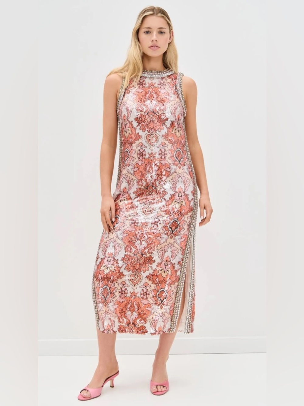 cinq a sept Coral and White Sequin Damask Ayden Dress
